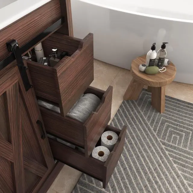 Alt view image 5 of 6 - 24 Inch Bathroom Vanity with Sink & Faucet & Mirror, Farmhouse Bathroom Vanity Cabinet Set with Sliding Barn Door & Drawers, Small Single Bath Storage Vanity Sink, Brown