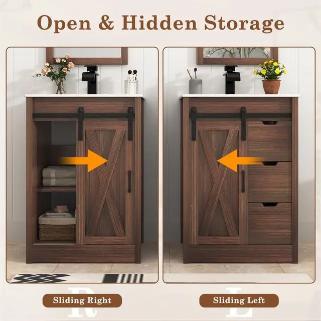 Alt view image 6 of 6 - 24 Inch Bathroom Vanity with Sink & Faucet & Mirror, Farmhouse Bathroom Vanity Cabinet Set with Sliding Barn Door & Drawers, Small Single Bath Storage Vanity Sink, Brown