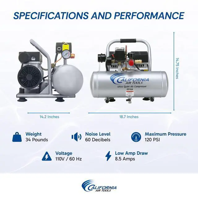 Alt view image 5 of 6 - 2010A 1.0 HP Ultra Quiet and Oil-Free Air Compressor, 2 Gallon Aluminum Tank, 60 dBA Noise Level, Silver