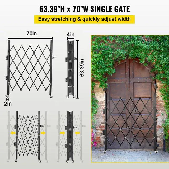 Alt view image 3 of 6 - Single Folding Security Gate, 61" H x 71" W Folding Door Gate, Steel Accordion Security Gate, Flexible Expanding Security Gate, 360° Rolling Barricade Gate, Scissor Gate/Door with Padlock