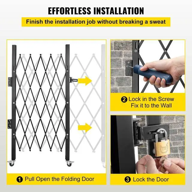 Alt view image 6 of 6 - Single Folding Security Gate, 61" H x 71" W Folding Door Gate, Steel Accordion Security Gate, Flexible Expanding Security Gate, 360° Rolling Barricade Gate, Scissor Gate/Door with Padlock