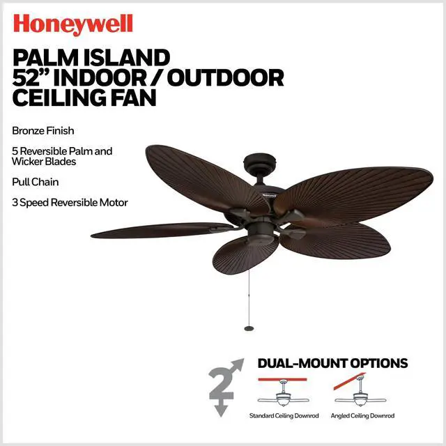 Alt view image 3 of 6 - Ceiling Fans Palm Island, 52 Inch Tropical Indoor Outdoor Ceiling Fan with No Light, Pull Chain, Dual Mounting Options, 5 Palm Leaf Blades, Wet-Rated - 50207-01 (Bronze)