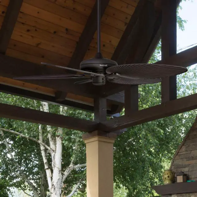 Alt view image 4 of 6 - Ceiling Fans Palm Island, 52 Inch Tropical Indoor Outdoor Ceiling Fan with No Light, Pull Chain, Dual Mounting Options, 5 Palm Leaf Blades, Wet-Rated - 50207-01 (Bronze)