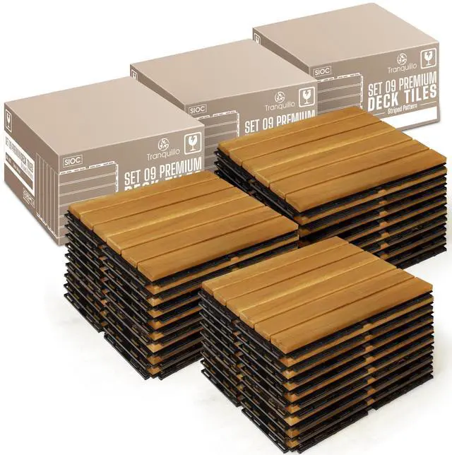 Main image of Interlocking Deck Tiles 12x12, Acacia Wood Patio Tiles, Waterproof Flooring Tiles for Indoor and Outdoor Non-Slip, Easy Installation (Golden - Striped Pattern, 27 Pcs - 27 Square Ft)