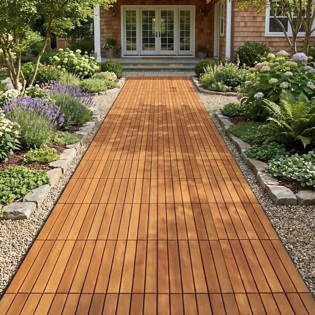 Alt view image 2 of 6 - Interlocking Deck Tiles 12x12, Acacia Wood Patio Tiles, Waterproof Flooring Tiles for Indoor and Outdoor Non-Slip, Easy Installation (Golden - Striped Pattern, 27 Pcs - 27 Square Ft)