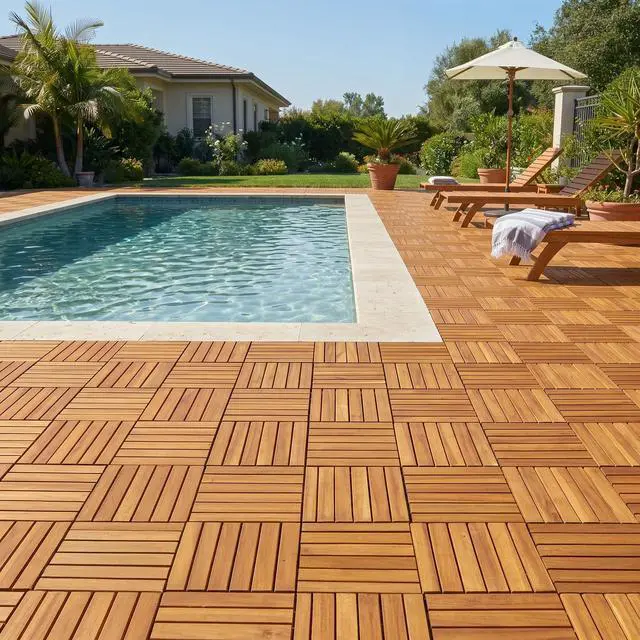 Alt view image 3 of 6 - Interlocking Deck Tiles 12x12, Acacia Wood Patio Tiles, Waterproof Flooring Tiles for Indoor and Outdoor Non-Slip, Easy Installation (Golden - Striped Pattern, 27 Pcs - 27 Square Ft)