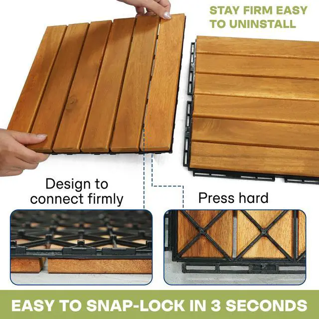 Alt view image 5 of 6 - Interlocking Deck Tiles 12x12, Acacia Wood Patio Tiles, Waterproof Flooring Tiles for Indoor and Outdoor Non-Slip, Easy Installation (Golden - Striped Pattern, 27 Pcs - 27 Square Ft)