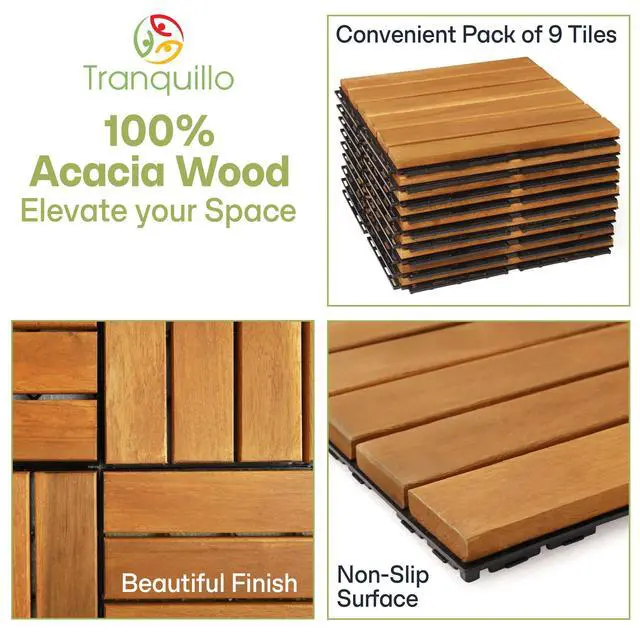 Alt view image 6 of 6 - Interlocking Deck Tiles 12x12, Acacia Wood Patio Tiles, Waterproof Flooring Tiles for Indoor and Outdoor Non-Slip, Easy Installation (Golden - Striped Pattern, 27 Pcs - 27 Square Ft)