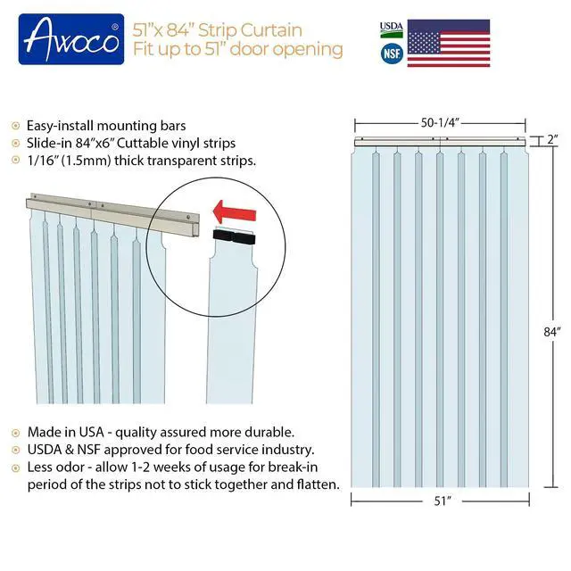 Alt view image 5 of 5 - 51" x 84" Vinyl Strip Climate Control Curtain Kit, Slide-in Strips Perfect for Freezers, Coolers and Warehouse Doors NSF Approved Made in USA