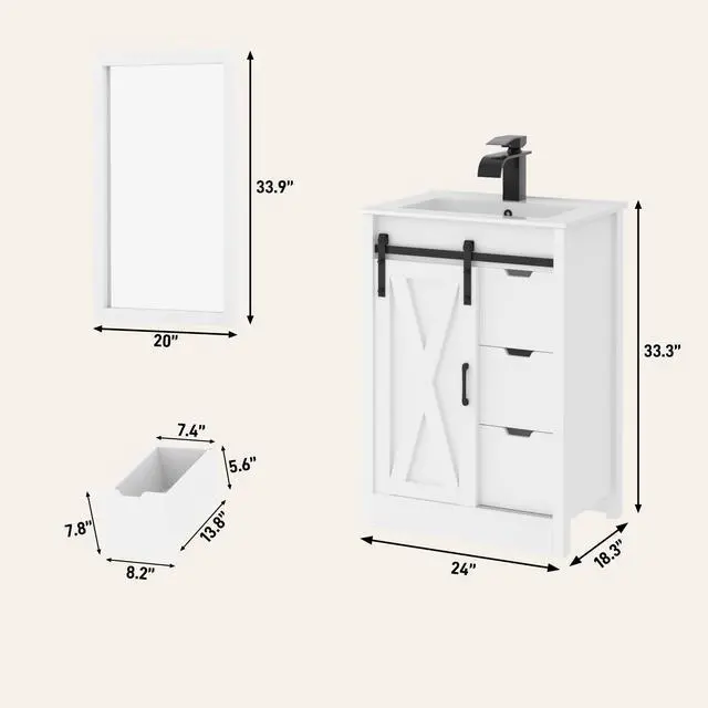 Alt view image 2 of 6 - 24 Inch Bathroom Vanity with Sink & Faucet & Mirror, Farmhouse Bathroom Vanity Cabinet Set with Sliding Barn Door & Drawers, Small Single Bath Storage Vanity Sink, White