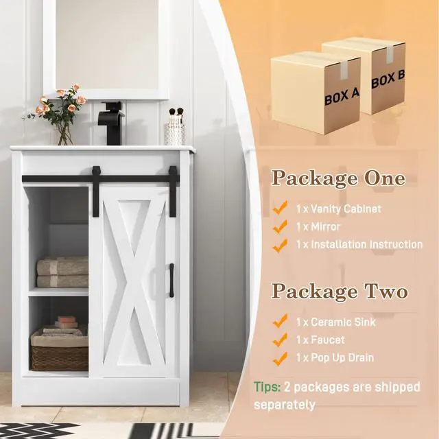 Alt view image 3 of 6 - 24 Inch Bathroom Vanity with Sink & Faucet & Mirror, Farmhouse Bathroom Vanity Cabinet Set with Sliding Barn Door & Drawers, Small Single Bath Storage Vanity Sink, White