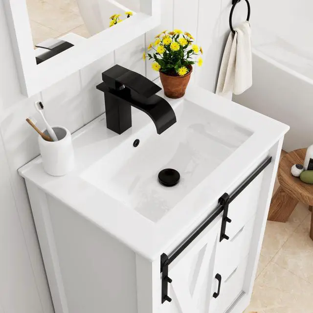 Alt view image 4 of 6 - 24 Inch Bathroom Vanity with Sink & Faucet & Mirror, Farmhouse Bathroom Vanity Cabinet Set with Sliding Barn Door & Drawers, Small Single Bath Storage Vanity Sink, White