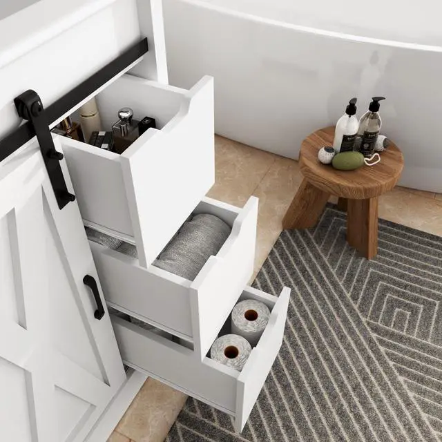 Alt view image 5 of 6 - 24 Inch Bathroom Vanity with Sink & Faucet & Mirror, Farmhouse Bathroom Vanity Cabinet Set with Sliding Barn Door & Drawers, Small Single Bath Storage Vanity Sink, White