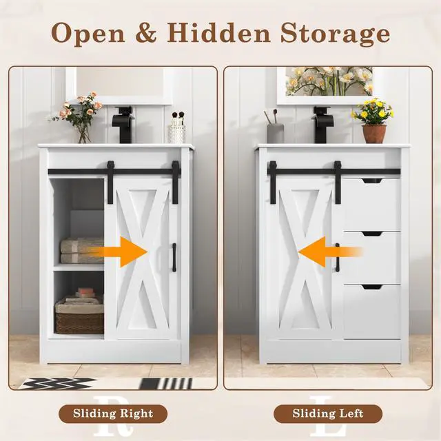 Alt view image 6 of 6 - 24 Inch Bathroom Vanity with Sink & Faucet & Mirror, Farmhouse Bathroom Vanity Cabinet Set with Sliding Barn Door & Drawers, Small Single Bath Storage Vanity Sink, White