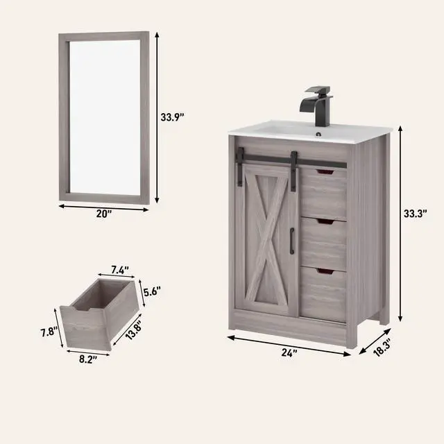 Alt view image 2 of 6 - 24 Inch Bathroom Vanity with Sink & Faucet & Mirror, Farmhouse Bathroom Vanity Cabinet Set with Sliding Barn Door & Drawers, Small Single Bath Storage Vanity Sink, Grey