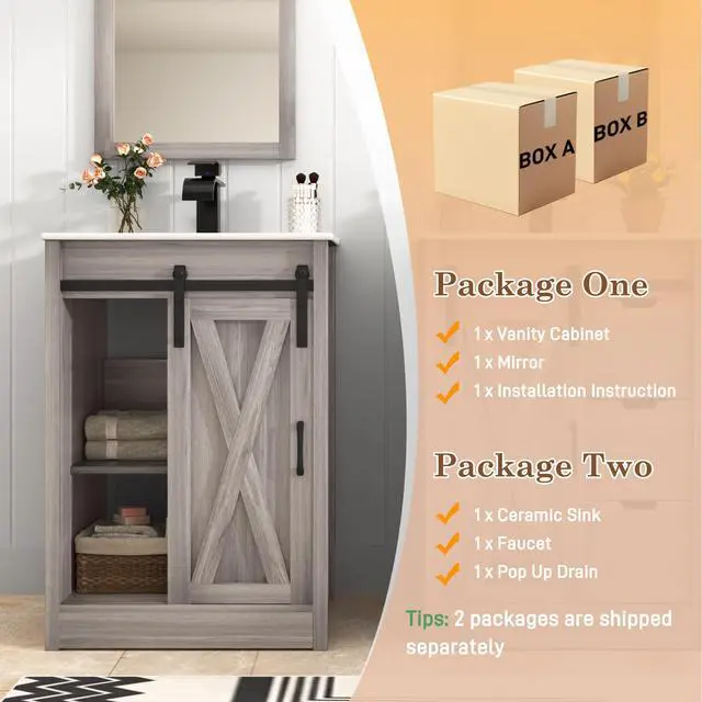 Alt view image 3 of 6 - 24 Inch Bathroom Vanity with Sink & Faucet & Mirror, Farmhouse Bathroom Vanity Cabinet Set with Sliding Barn Door & Drawers, Small Single Bath Storage Vanity Sink, Grey
