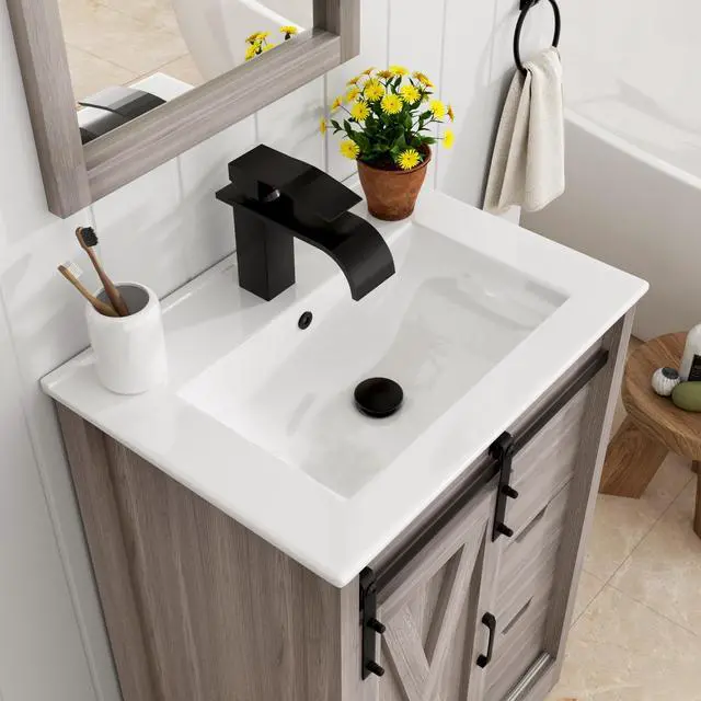Alt view image 4 of 6 - 24 Inch Bathroom Vanity with Sink & Faucet & Mirror, Farmhouse Bathroom Vanity Cabinet Set with Sliding Barn Door & Drawers, Small Single Bath Storage Vanity Sink, Grey