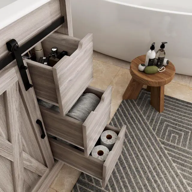 Alt view image 5 of 6 - 24 Inch Bathroom Vanity with Sink & Faucet & Mirror, Farmhouse Bathroom Vanity Cabinet Set with Sliding Barn Door & Drawers, Small Single Bath Storage Vanity Sink, Grey