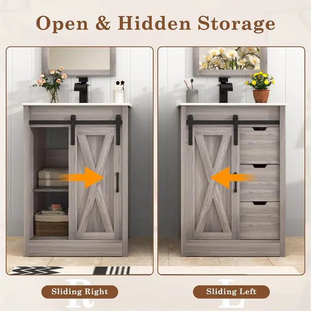 Alt view image 6 of 6 - 24 Inch Bathroom Vanity with Sink & Faucet & Mirror, Farmhouse Bathroom Vanity Cabinet Set with Sliding Barn Door & Drawers, Small Single Bath Storage Vanity Sink, Grey