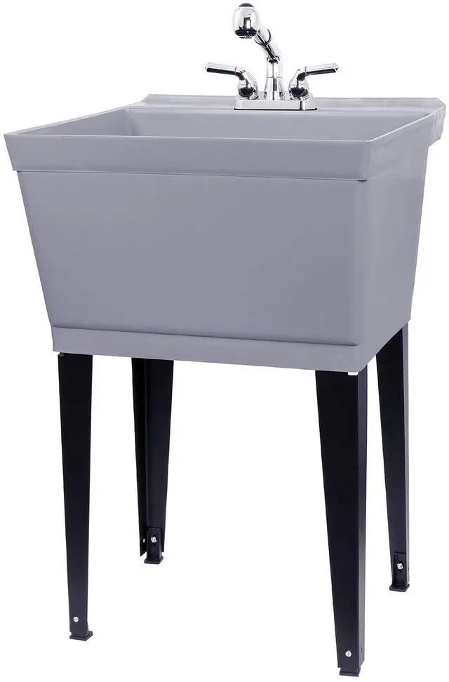 Main image of Grey Utility Sink Laundry Tub With Pull Out Chrome Faucet, Sprayer Spout, Heavy Duty Slop Sinks For Washing Room, Basement, Garage or Shop, Large Free Standing Wash Station Tubs and Drainage