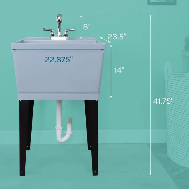 Alt view image 2 of 6 - Grey Utility Sink Laundry Tub With Pull Out Chrome Faucet, Sprayer Spout, Heavy Duty Slop Sinks For Washing Room, Basement, Garage or Shop, Large Free Standing Wash Station Tubs and Drainage
