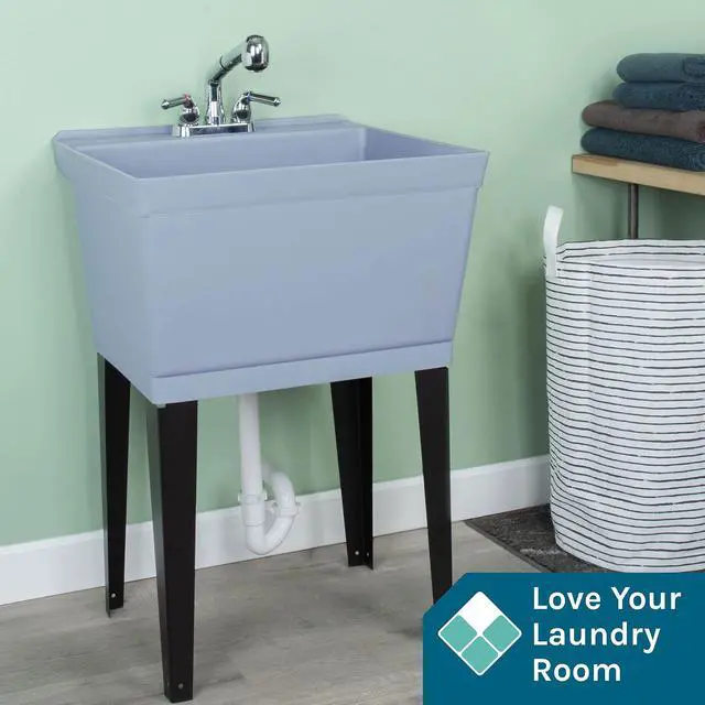 Alt view image 3 of 6 - Grey Utility Sink Laundry Tub With Pull Out Chrome Faucet, Sprayer Spout, Heavy Duty Slop Sinks For Washing Room, Basement, Garage or Shop, Large Free Standing Wash Station Tubs and Drainage