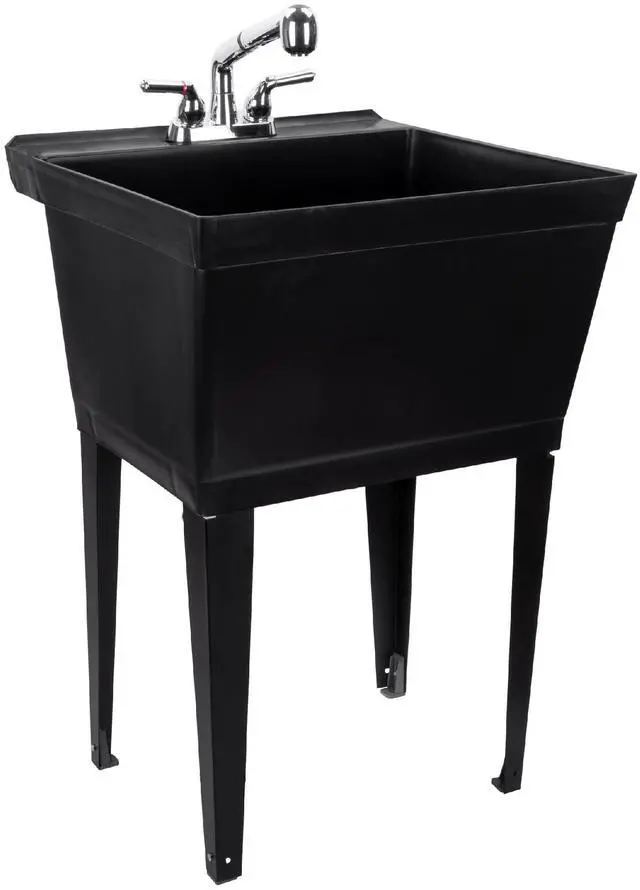 Main image of Black Utility Sink Laundry Tub With Pull Out Chrome Faucet, Sprayer Spout, Heavy Duty Slop Sinks For Washing Room, Basement, Garage or Shop, Large Free Standing Wash Station Tubs and Drainage