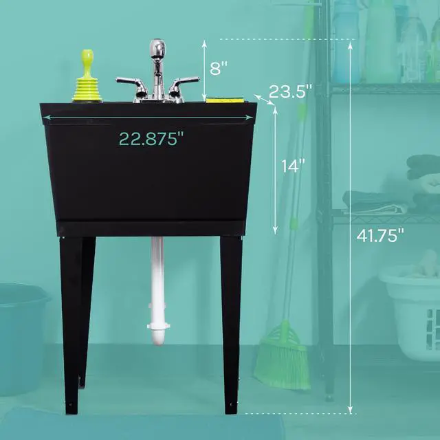Alt view image 2 of 6 - Black Utility Sink Laundry Tub With Pull Out Chrome Faucet, Sprayer Spout, Heavy Duty Slop Sinks For Washing Room, Basement, Garage or Shop, Large Free Standing Wash Station Tubs and Drainage