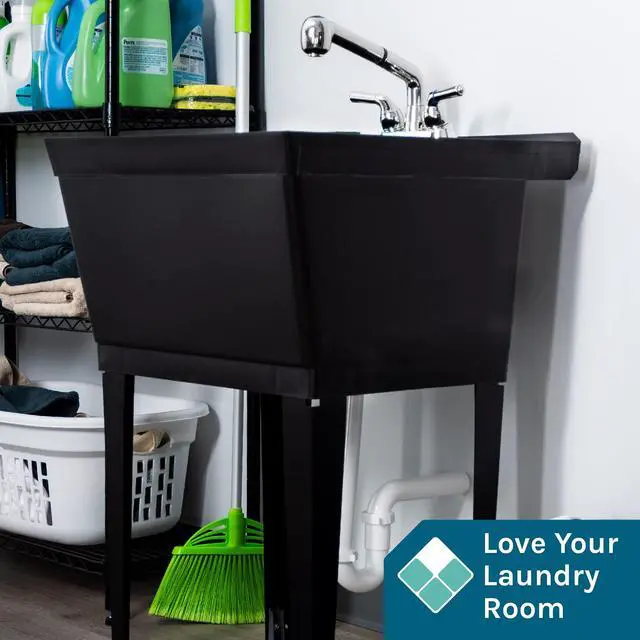 Alt view image 3 of 6 - Black Utility Sink Laundry Tub With Pull Out Chrome Faucet, Sprayer Spout, Heavy Duty Slop Sinks For Washing Room, Basement, Garage or Shop, Large Free Standing Wash Station Tubs and Drainage