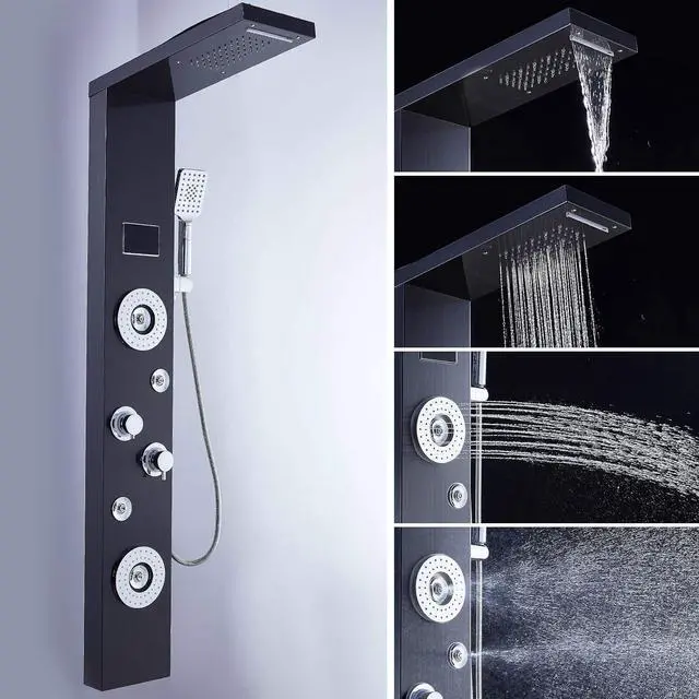 Alt view image 2 of 6 - LED Rainfall Waterfall Shower Head Rain Massage System with Body Jets Stainless Steel Bathroom Shower Panel Tower System, Brushed Black