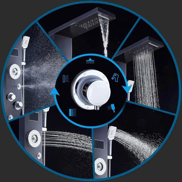 Alt view image 4 of 6 - LED Rainfall Waterfall Shower Head Rain Massage System with Body Jets Stainless Steel Bathroom Shower Panel Tower System, Brushed Black