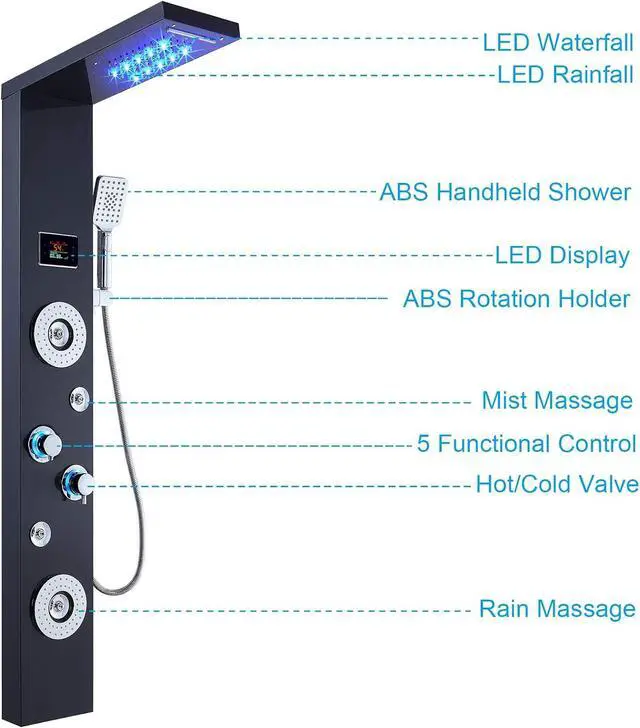 Alt view image 5 of 6 - LED Rainfall Waterfall Shower Head Rain Massage System with Body Jets Stainless Steel Bathroom Shower Panel Tower System, Brushed Black