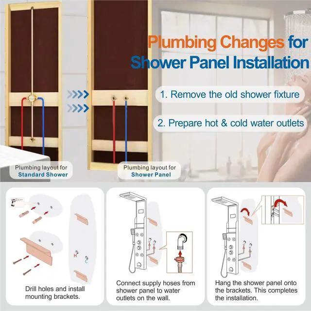 Alt view image 6 of 6 - LED Rainfall Waterfall Shower Head Rain Massage System with Body Jets Stainless Steel Bathroom Shower Panel Tower System, Brushed Black