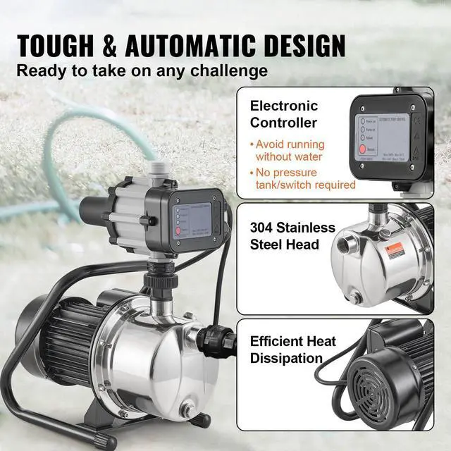 Alt view image 4 of 6 - 1HP Shallow Well Pump Portable, 1380 GPH Garden Jet Pump with Automatic Controller, 145 ft Head Stainless Steel Sprinkler Booster Pumps, for Garden Lawn Irrigation System, Water Transfer
