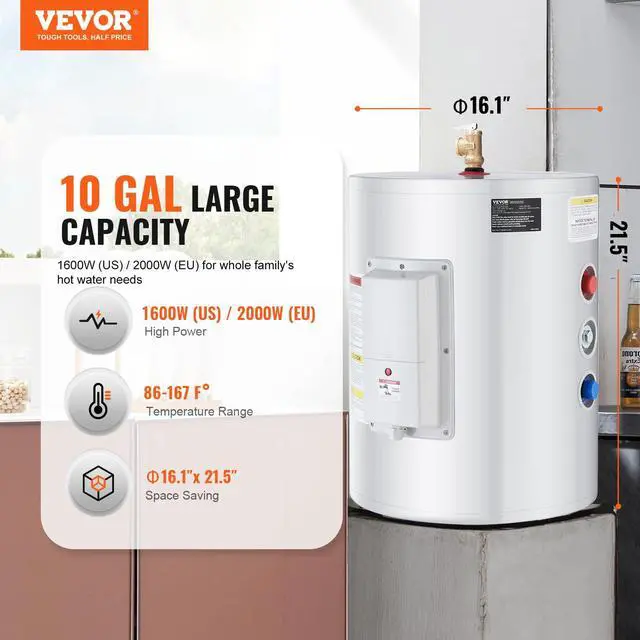 Alt view image 2 of 6 - 10 Gallon Electric Water Heater, Hot Water Heater 1600W, w/LED Display, Knob Control, IPX4 Waterproof, Side Connection On-Demand Heaters for Shower, Bath