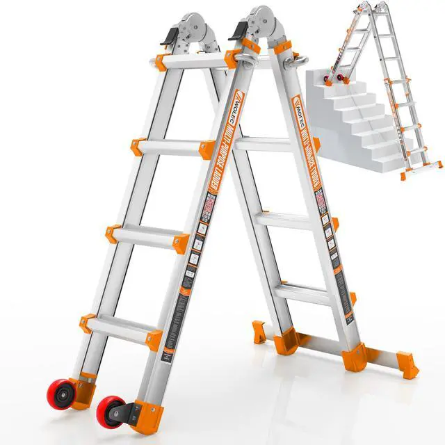 Main image of 14 FT Multi-Position Extension Ladder with Wheels, Orange | 5-in-1 modes, aluminum alloy frame, locking hinges, stabilizer bar, compact fold for stairs, walls and garage work