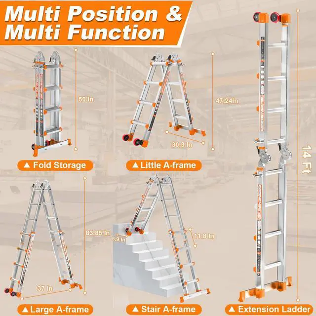 Alt view image 2 of 6 - 14 FT Multi-Position Extension Ladder with Wheels, Orange | 5-in-1 modes, aluminum alloy frame, locking hinges, stabilizer bar, compact fold for stairs, walls and garage work