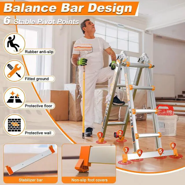 Alt view image 3 of 6 - 14 FT Multi-Position Extension Ladder with Wheels, Orange | 5-in-1 modes, aluminum alloy frame, locking hinges, stabilizer bar, compact fold for stairs, walls and garage work