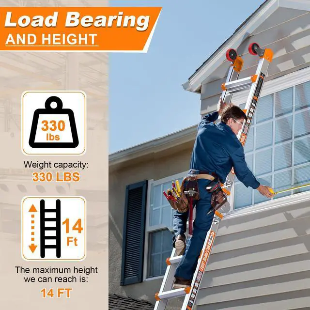 Alt view image 6 of 6 - 14 FT Multi-Position Extension Ladder with Wheels, Orange | 5-in-1 modes, aluminum alloy frame, locking hinges, stabilizer bar, compact fold for stairs, walls and garage work