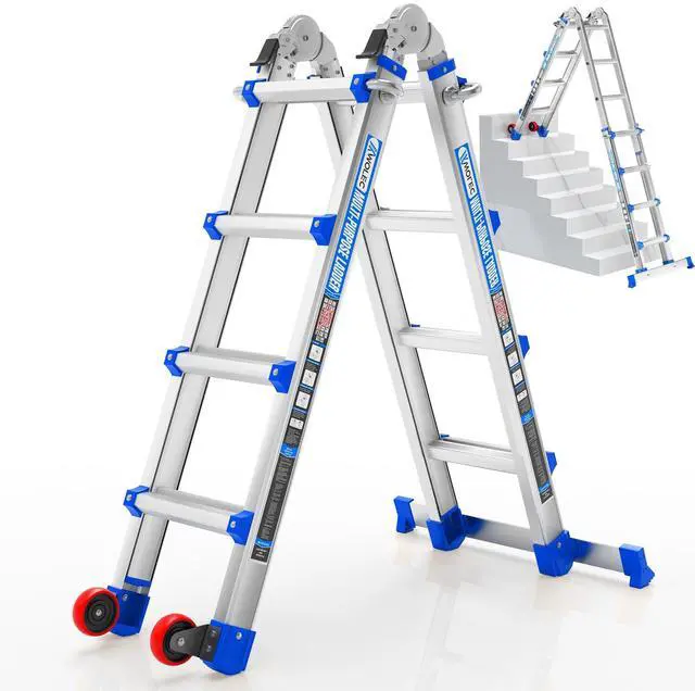 Main image of 14 FT Multi-Position Extension Ladder with Wheels, Blue | 5-in-1 modes, aluminum alloy frame, locking hinges, stabilizer bar, compact fold for stairs, walls and garage work