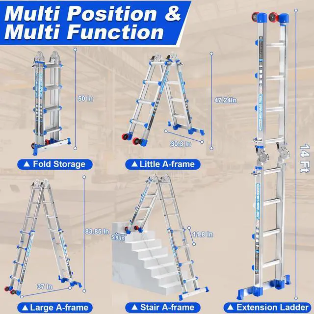 Alt view image 2 of 6 - 14 FT Multi-Position Extension Ladder with Wheels, Blue | 5-in-1 modes, aluminum alloy frame, locking hinges, stabilizer bar, compact fold for stairs, walls and garage work