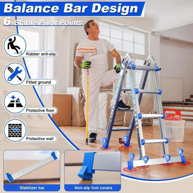 Alt view image 3 of 6 - 14 FT Multi-Position Extension Ladder with Wheels, Blue | 5-in-1 modes, aluminum alloy frame, locking hinges, stabilizer bar, compact fold for stairs, walls and garage work