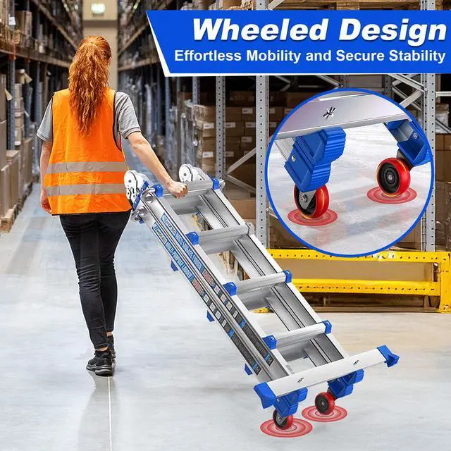 Alt view image 4 of 6 - 14 FT Multi-Position Extension Ladder with Wheels, Blue | 5-in-1 modes, aluminum alloy frame, locking hinges, stabilizer bar, compact fold for stairs, walls and garage work