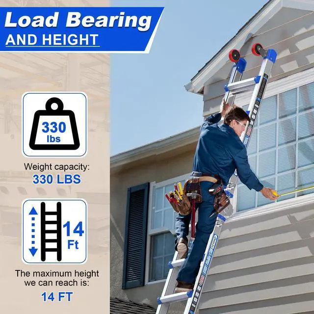 Alt view image 6 of 6 - 14 FT Multi-Position Extension Ladder with Wheels, Blue | 5-in-1 modes, aluminum alloy frame, locking hinges, stabilizer bar, compact fold for stairs, walls and garage work