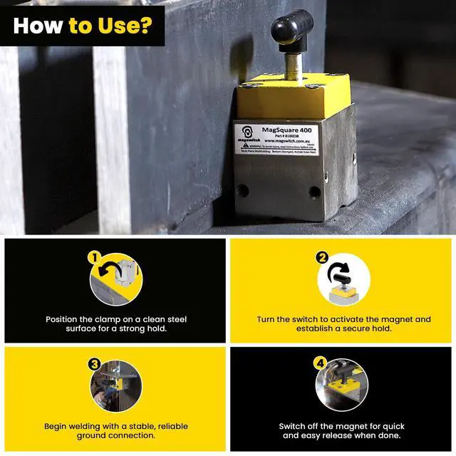 Alt view image 5 of 6 - MagSquare 400 Magnetic Welding Square Base Clamp Holder for Welding Kit, Tools, Supplies and Accessories, Magnet Switch with On/Off Capabilities, 400 lb Holding Force
