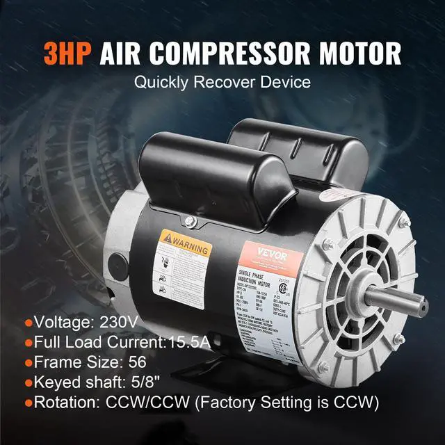 Alt view image 2 of 6 - 3HP Air Compressor Electric Motor, 230V 15.5 Amps, 56 Frame 3450RPM, 5/8" Keyed Shaft, 1.88" Shaft Length, Single Phase, CW/CCW Rotation (Factory Setting is CCW)