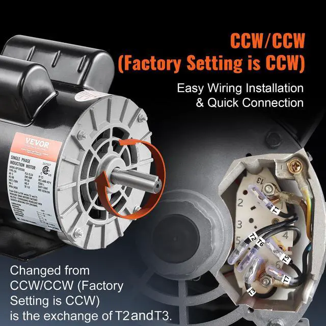 Alt view image 4 of 6 - 3HP Air Compressor Electric Motor, 230V 15.5 Amps, 56 Frame 3450RPM, 5/8" Keyed Shaft, 1.88" Shaft Length, Single Phase, CW/CCW Rotation (Factory Setting is CCW)