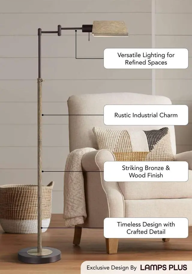Alt view image 3 of 6 - Jenson Rustic Farmhouse Industrial Swing Arm Pharmacy Floor Lamp Standing 54" Tall Bronze Faux Wood Adjustable Height Task Lighting for Cottage Core Living Room Reading House Bedroom