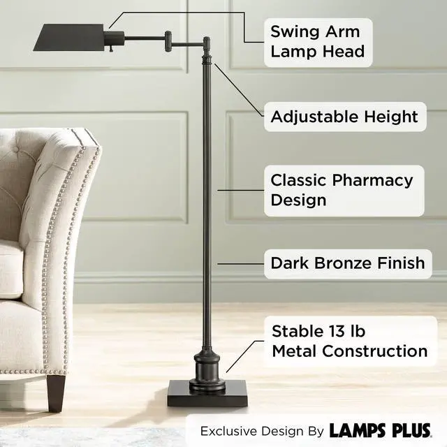 Alt view image 3 of 6 - Jenson Traditional Farmhouse Adjustable Pharmacy Floor Lamp Standing Base Swing Arm 54" Tall Dark Bronze Metal Bright Downward Light for Living Room Reading House Bedroom