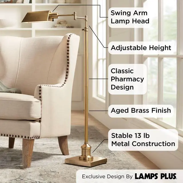 Alt view image 3 of 6 - Jenson Traditional Farmhouse Metal Adjustable Pharmacy Floor Lamp Swing Arm 54" Tall Aged Brass Metal Shade Standing Pole Light for Living Room Reading House Bedroom Home Office